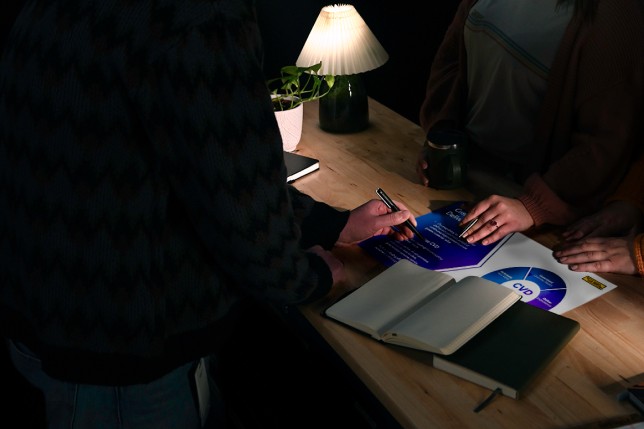 Close-up of people gathered around a wooden desk with notebooks, a pen, a coffee mug, and printed charts under a warm desk lamp during a meeting.