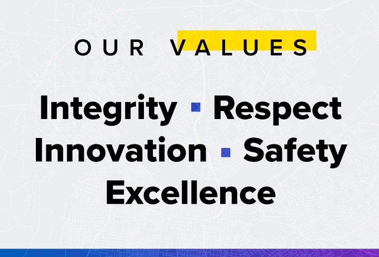 digital rendering of a text that says "Our Values. Integriy, respect, innovation, safety, excellence"