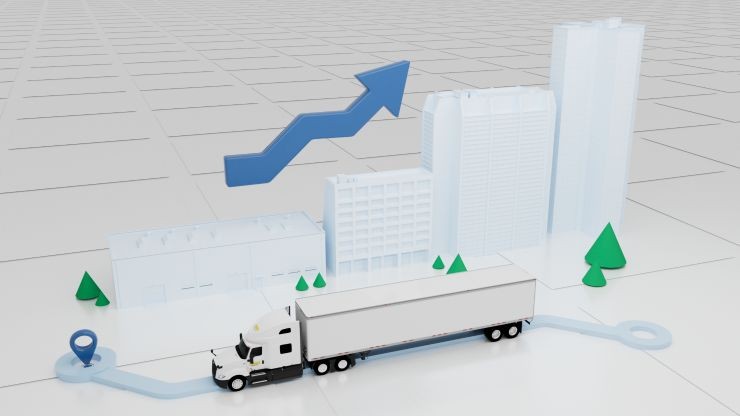 Illustration of a white semi-truck driving towards a cityscape, representing J.B. Hunt Dedicated Contract Services’ optimized freight management and supply chain visibility