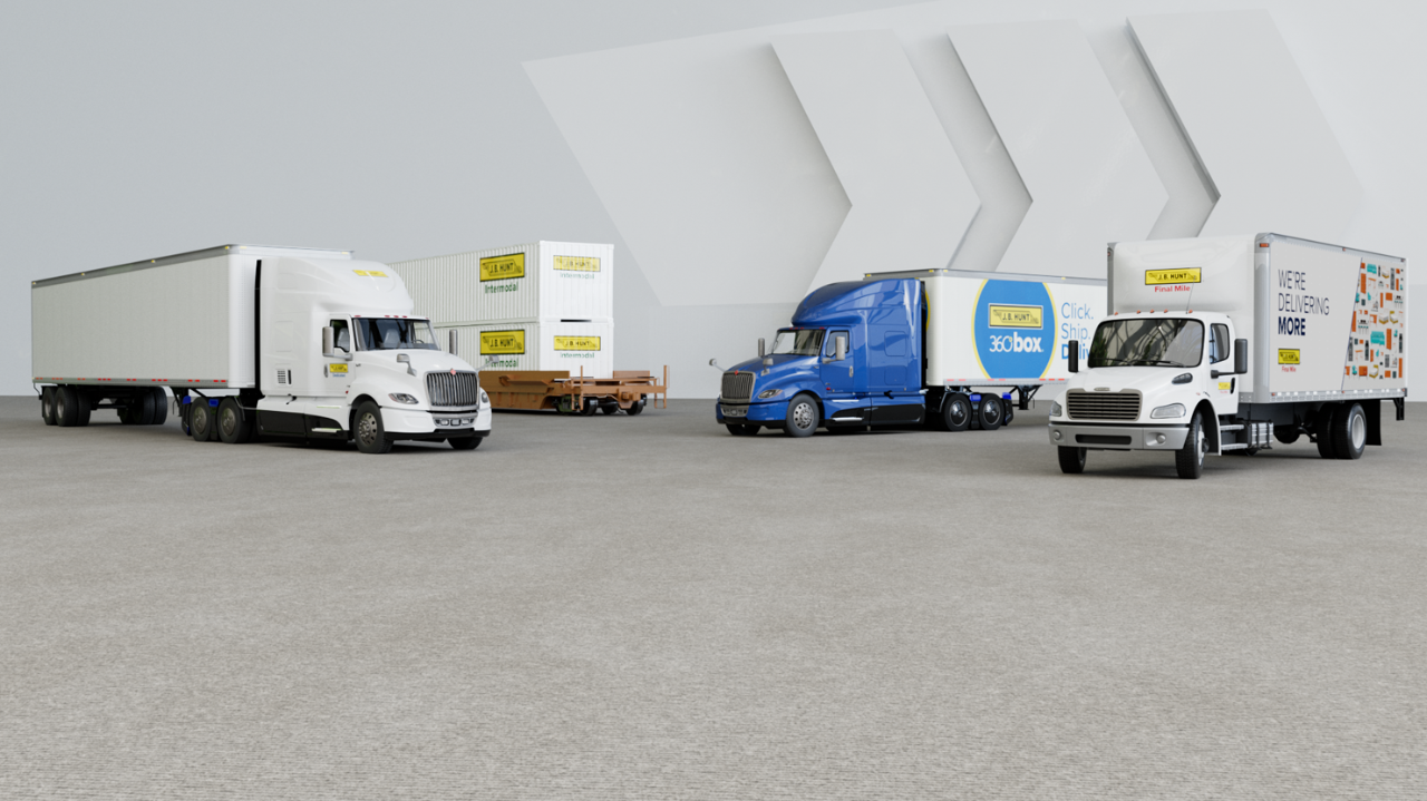 3d renderings 3D renderings of various J.B. Hunt transport modes (Dedicated truck and trailer, intermodal trailers, J.B. Hunt 360box trailer, and a Final Mile box truck).