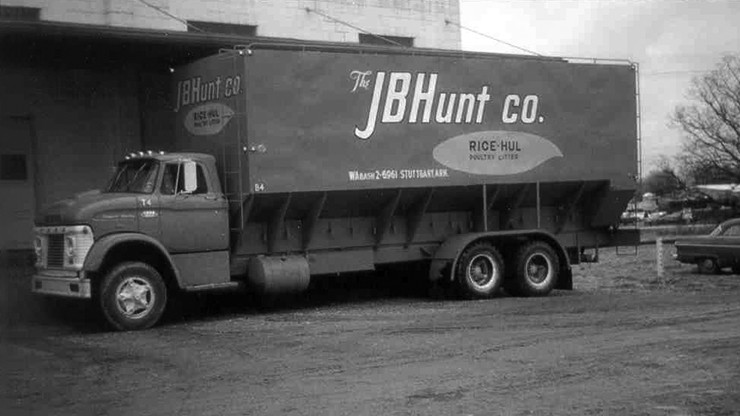 historic photo of j.b. hunt rice hull truck