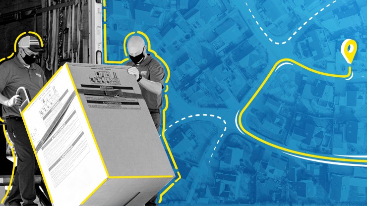 Black and white image of Final Mile drivers unloading a large box next to a blue digital render of an aerial view of a neighborhood
