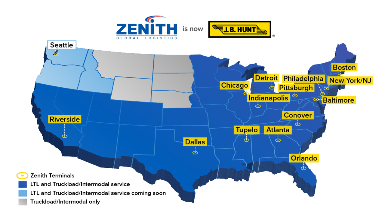 United States map of Zenith Terminals and LTL services