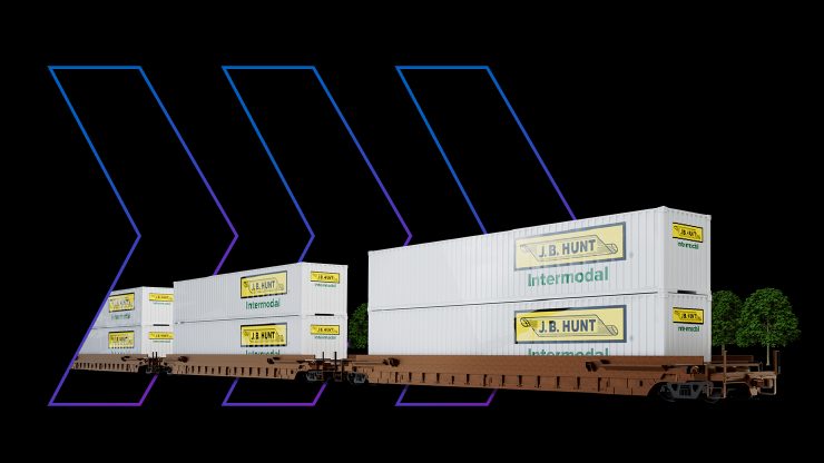 3d model of intermodal containers on train with blue background and white ground