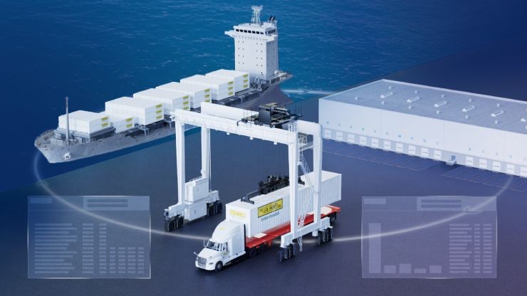 intermodal visibility graphic composite image of trucks, ships, shipping facilities, and cranes