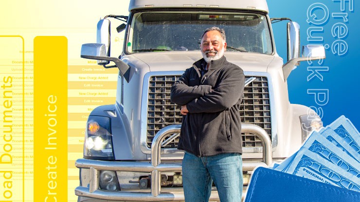 Driver standing in front of his truck with payment imagery superimposed