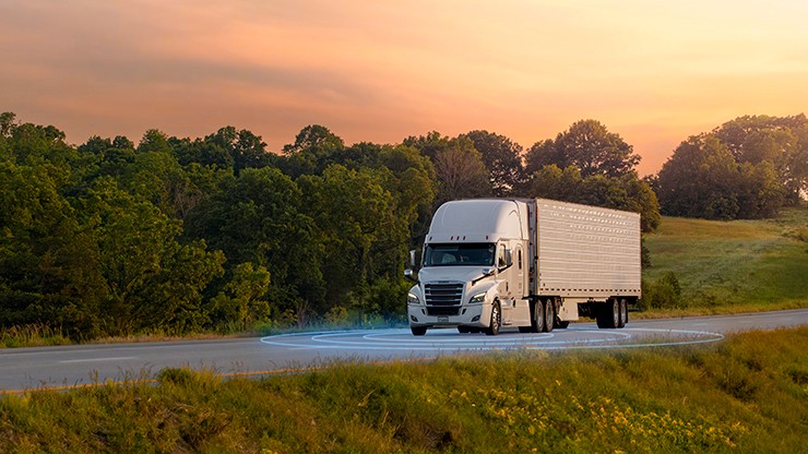 composite photo and illustration of truck on rural highway with graphic of location on the ground