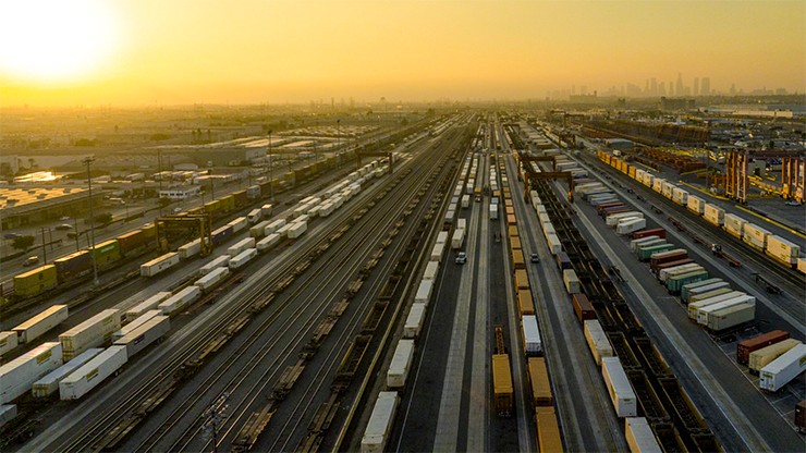 aerial view of trainyard