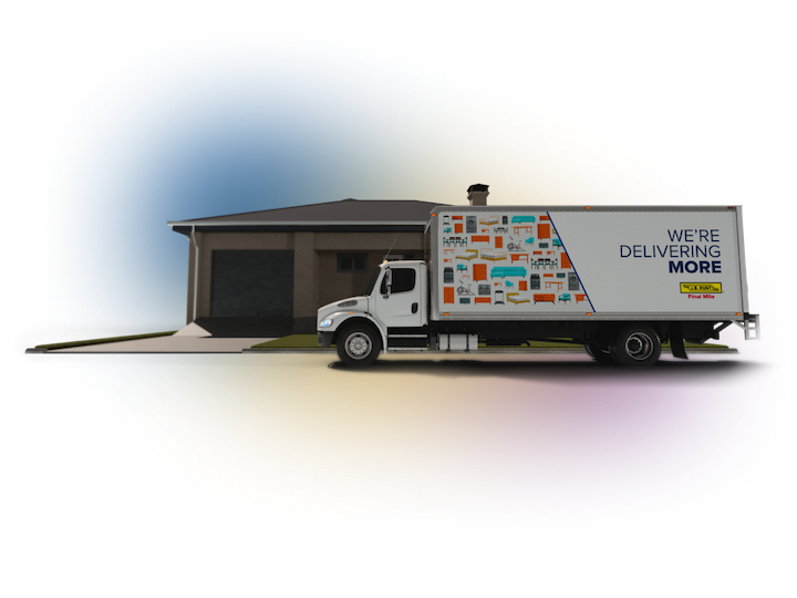 3d render of a Final Mile Services truck in front of a house