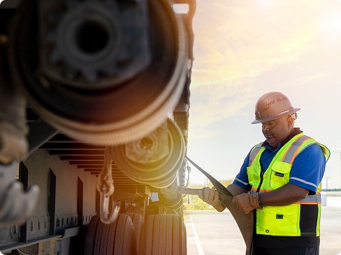 driver strapping down a flatbed load