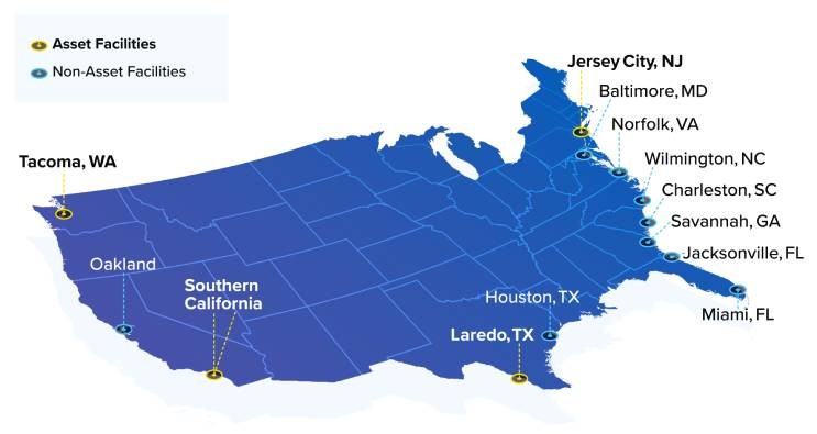 A map of the United States with pins showing all transload facility locations