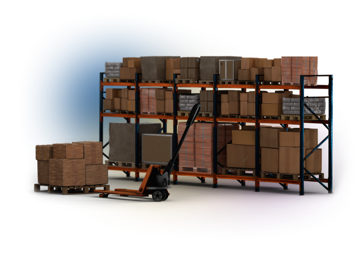 3d render of warehouse shelves with boxes and a palletjack ready to move a pallet