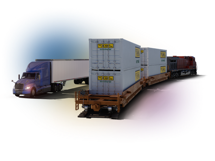 3d render of highway truck and intermodal containers on a train
