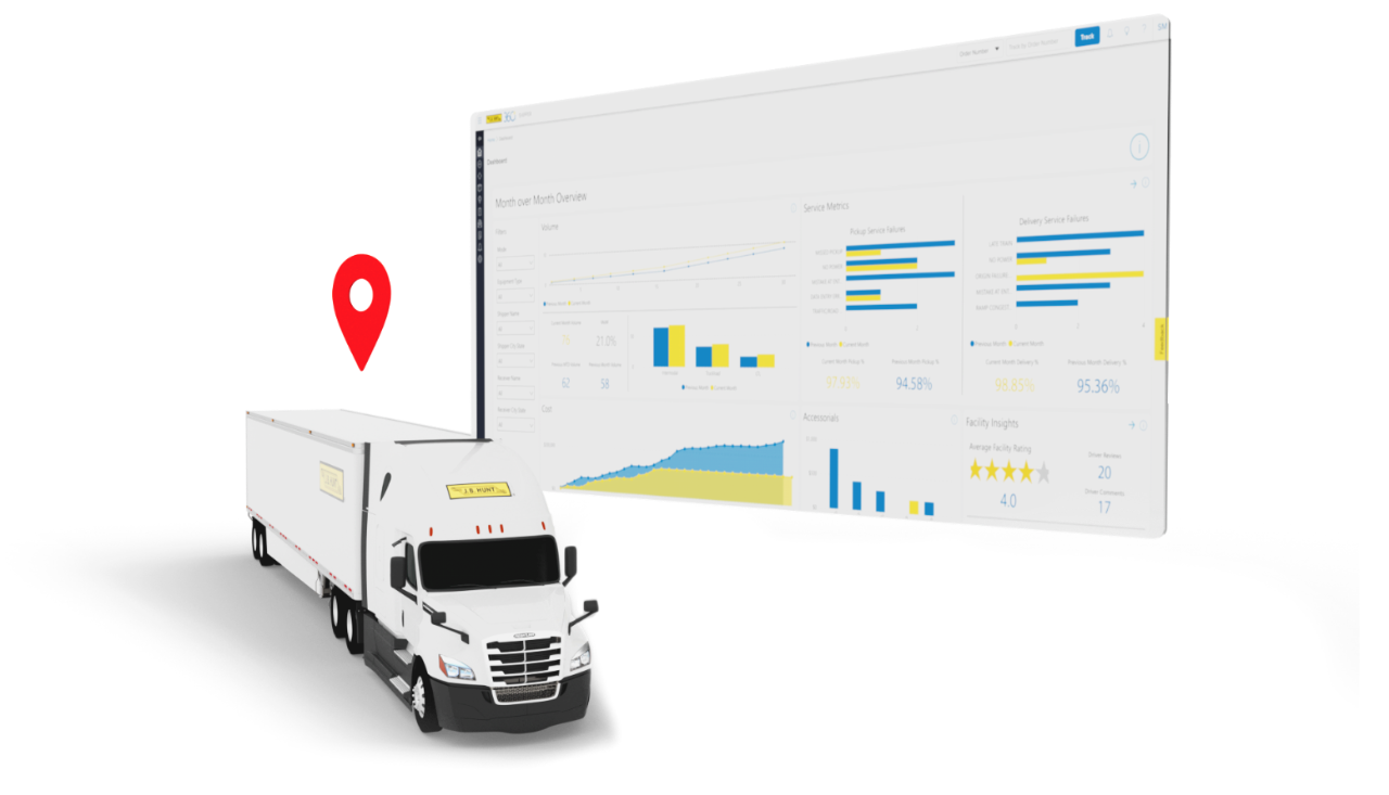 Digital rendering of a J.B. Hunt semi truck next to charts and graphs