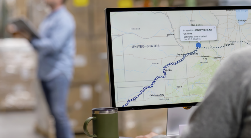 computer monitor displaying a highway route through the United States